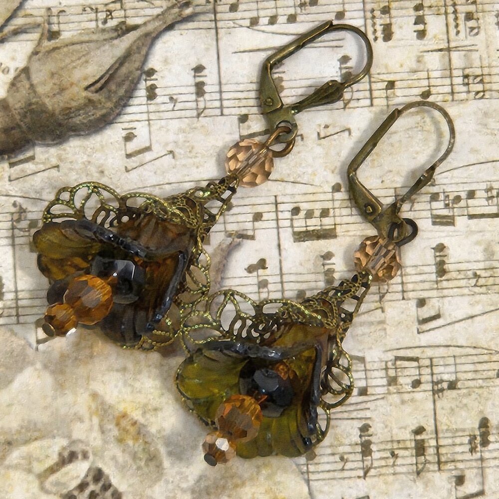 Caramel Brown Bronze Hand Painted Lucite Flower Earrings, Crystal, Filigree